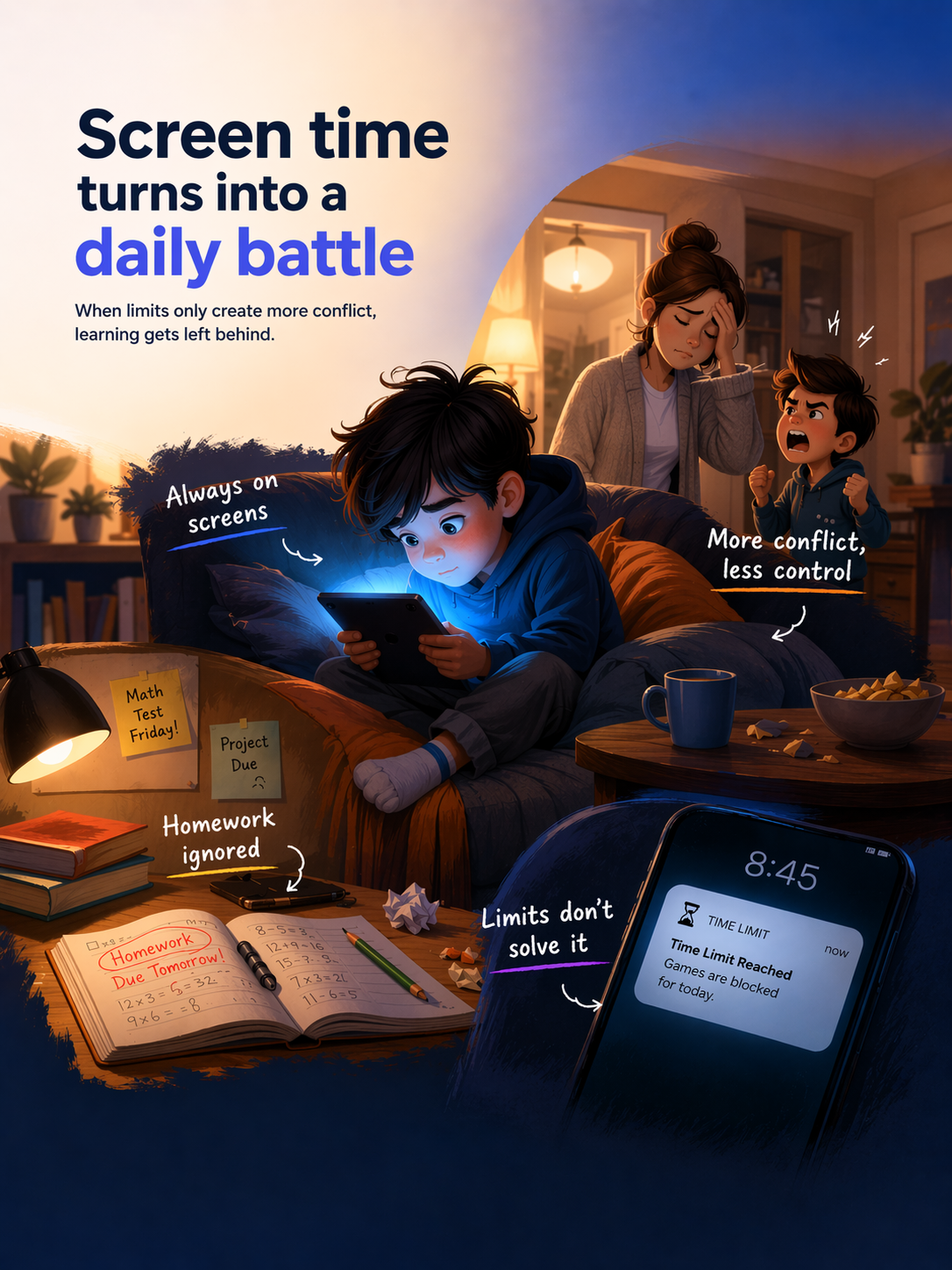Play time turning into a daily battle, with homework ignored and parents losing control.