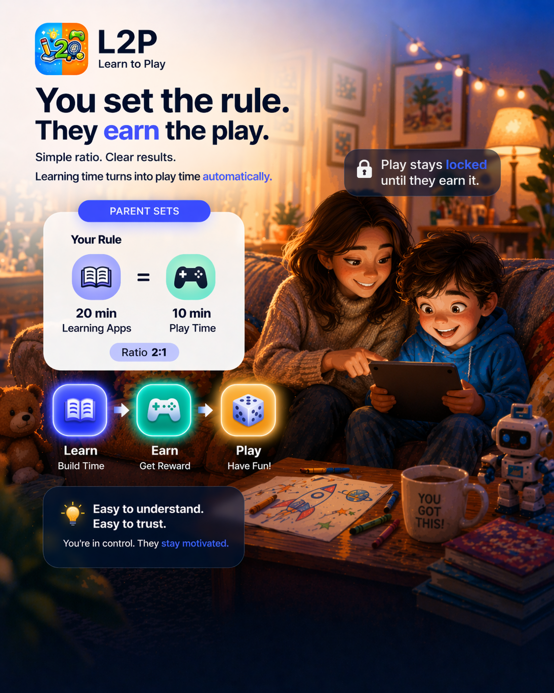 A parent setting the reward rule so play stays locked until learning earns it.