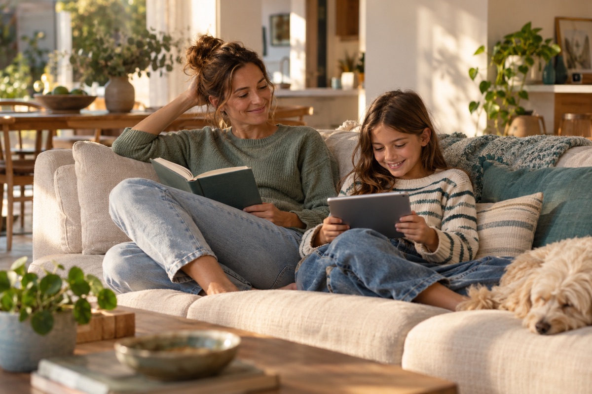 AI-generated illustration of a mother reading beside a child using a tablet.