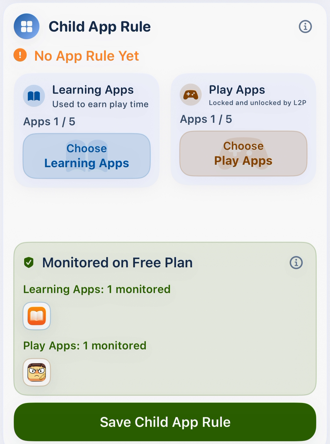 Child App Rule with Learning Apps, Play Apps, selected icons and Save Child App Rule