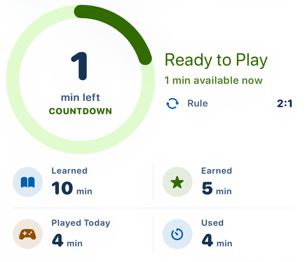 Child remaining-time dial with Learned, Earned, Played Today and Used