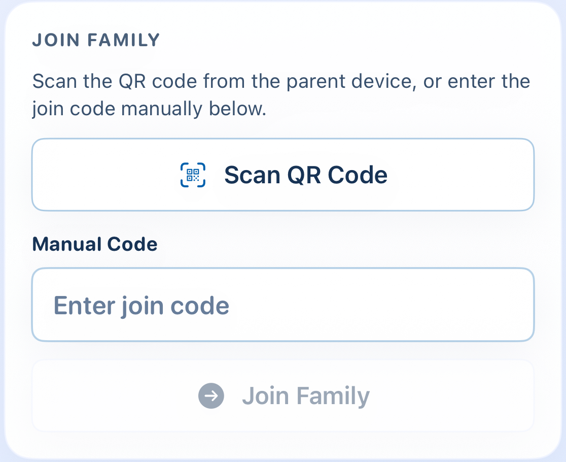 Join Family: Scan QR Code, empty Manual Code and disabled join button