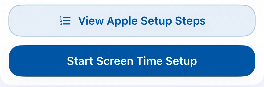 View Apple Setup Steps and Start Screen Time Setup buttons