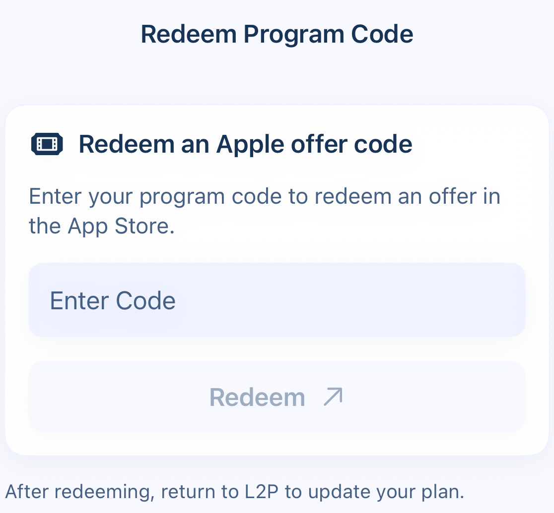 Redeem Program Code: empty code field, Redeem button and return-to-L2P instruction