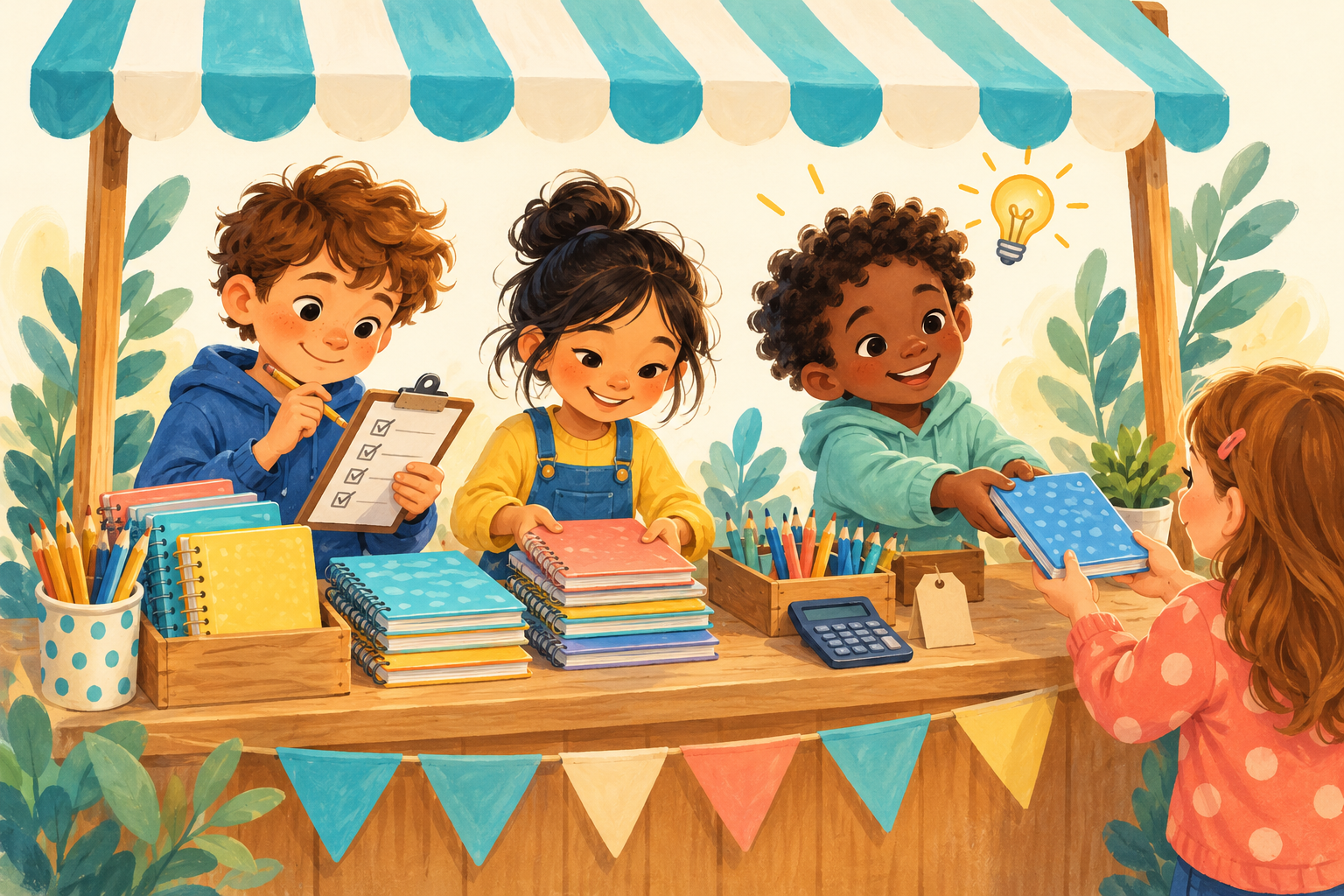 Concept illustration of children planning, arranging stock and serving a customer at a small shop.
